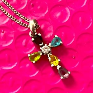 Vintage sterling silver multi Gemstone cross pendant necklace